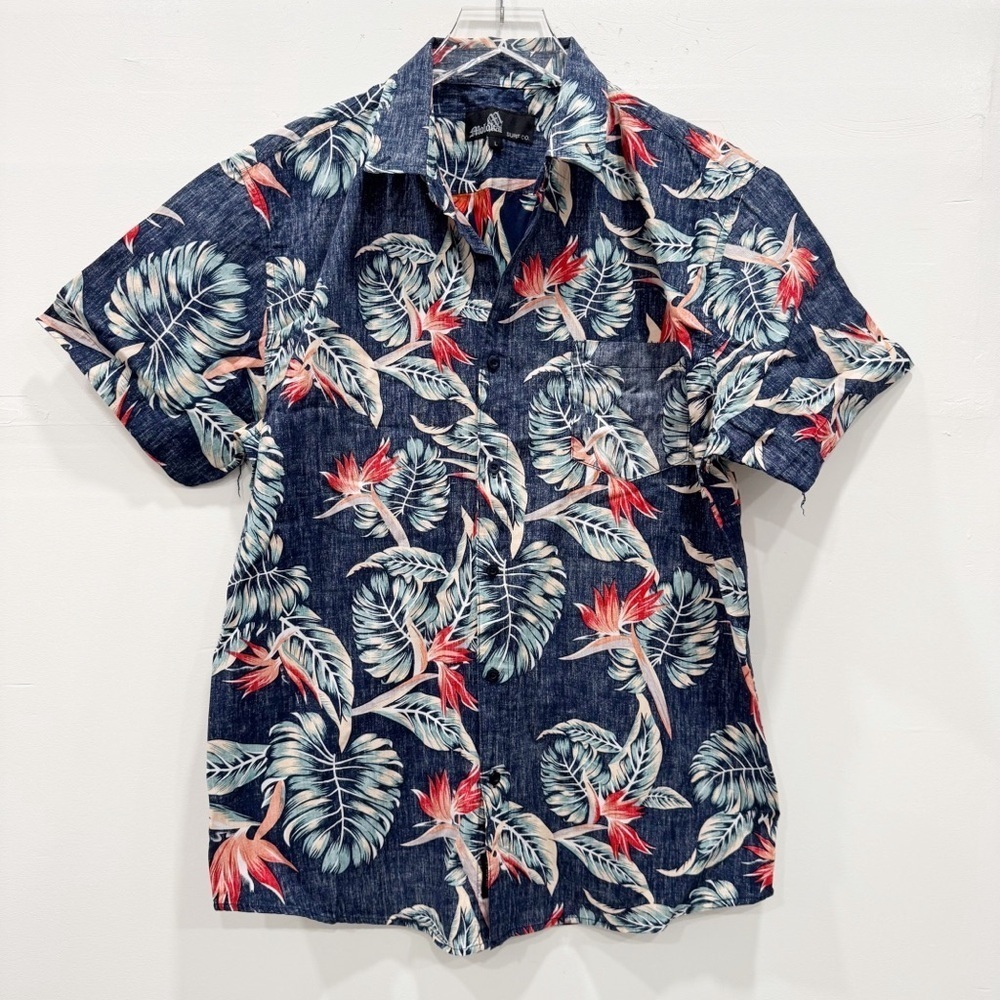 Molokai Surf Co Short Sleeve Hawaiian Print Button Up Short Blue Large Cotton